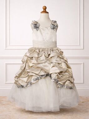 Joan Calabrese Champagne and Silver Ruffle Flower Girl Dress